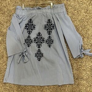 Striped Off-Shoulder Skirt with Navy Embroidery